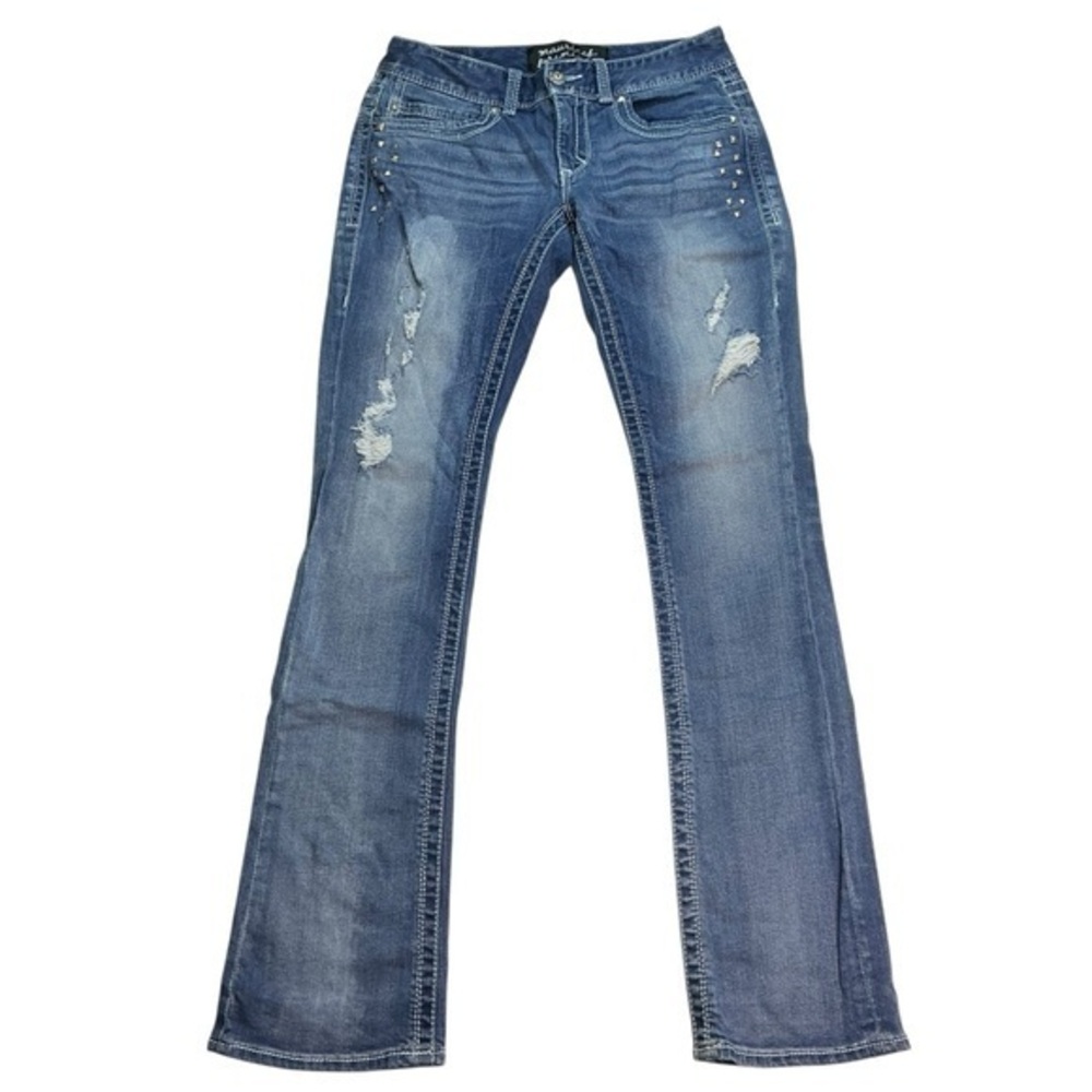 Maurices Premium Straight Leg Jeans Distressed and Metal Stud Details 5‎ 6 Long